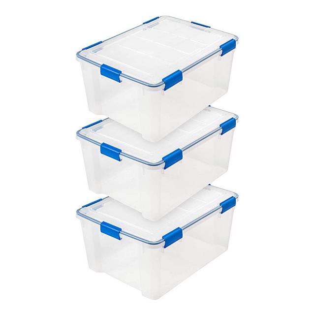 IRIS USA WSB-LD Weathertight Multi-Purpose Storage Box, 60 Quart, Clear with Blue Buckles, 3 Count