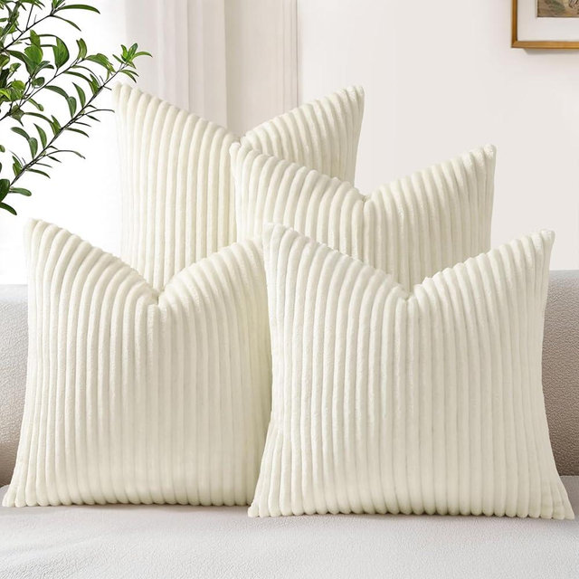 decorUhome Set of 4 Flannel Neutral Cream White Throw Pillow Covers 18x18 Inch, Spring Decorative Soft Double-Sided Fluffy Couch Pillow Covers, Farmhouse Pillow Cases for Sofa Living Room