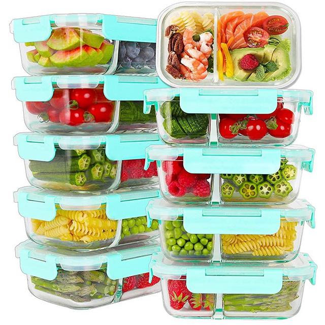 Bayco 10 Pack Glass Meal Prep Containers 2 Compartment, Glass Food Storage Containers with Lids, Airtight Glass Lunch Bento Boxes, BPA-Free & Leak Proof (10 lids & 10 Containers)