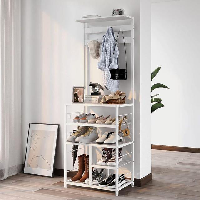 GiftGo Modern White Large 5-Tier Hall Tree Entryway Wooden Shoes Rack Shelf Coat Rack with Movable 9 Metal Hooks Storage Organizer for Home Office Bedroom Mudroom Living Room