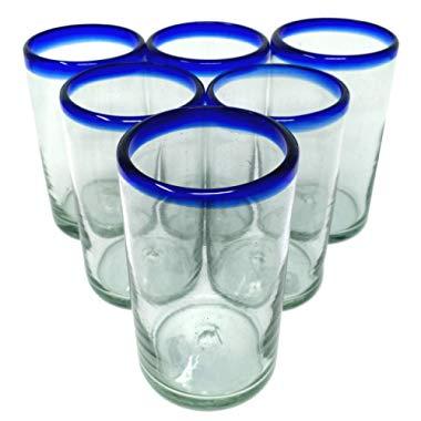 Hand Blown Mexican Drinking Glasses – Set of 6 Glasses with Cobalt Blue Rims (14 oz each)