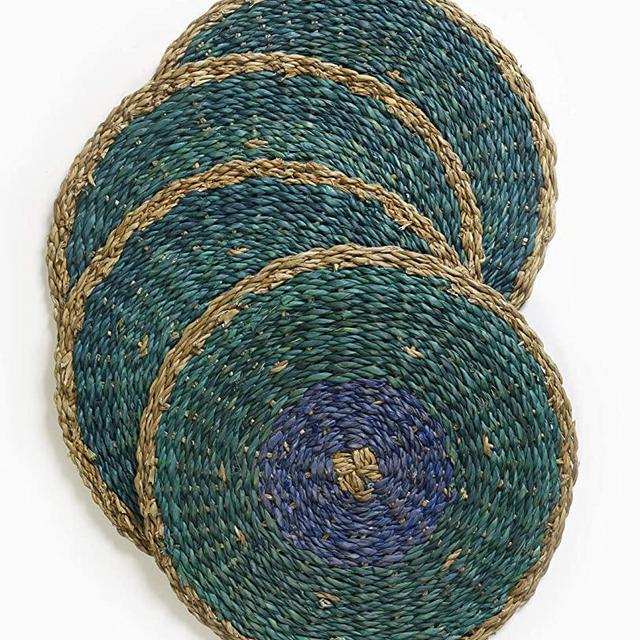 Fab Habitat Harlem Round Seagrass Placemat - Handcrafted - Heat Resistant, No-Slip Mats for Plates, Pots & Pans - Sustainably Made, Eco-Friendly - Blue (Set of 4)