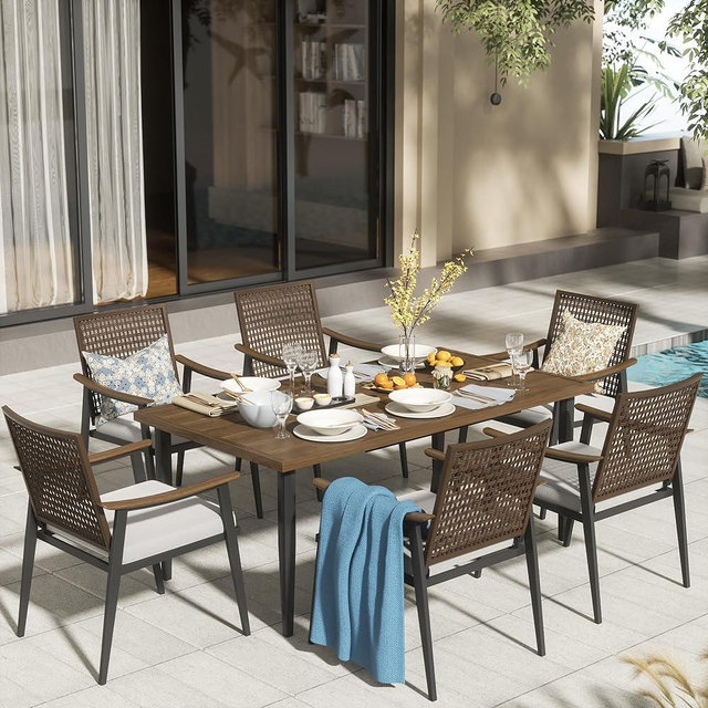 NATURAL EXPRESSIONS 7 Piece Patio Dining Table Outdoor Furniture Set, 6 Rattan Wicker Chairs with Cushions and 70” Large Dining Table with 1.65'' Umbrella Hole for Patio, Garden, Porch, Pool Beige