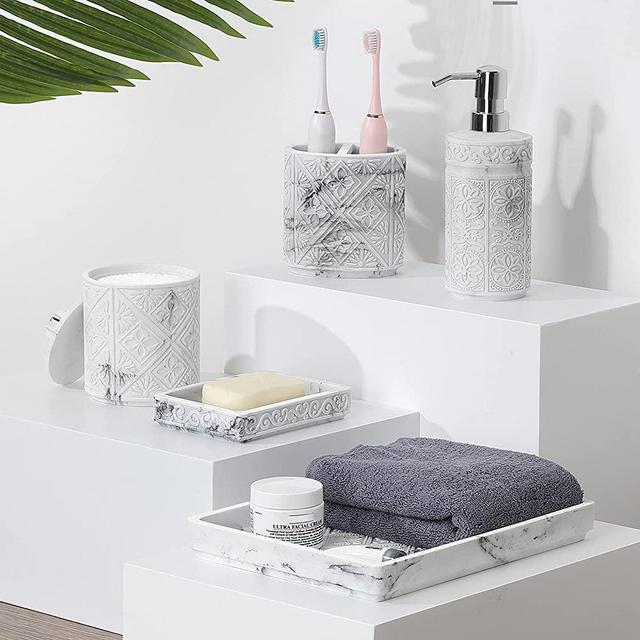 Luxspire Bathroom Accessory Sets 5 Pcs, 3D Resin Vanity Tray, Toothbrush Holder Cup, Soap Dish, Cotton Swab Holder, Soap Lotion Dispenser, Home Decor Bath Counter Accessory Completes, Marble White