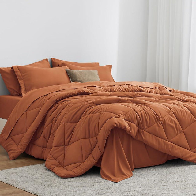 Love's cabin Queen Comforter Set Terracotta, 7 Pieces Queen Bed in a Bag, All Season Queen Bedding Sets with 1 Comforter, 1 Flat Sheet, 1 Fitted Sheet, 2 Pillowcase and 2 Pillow Sham
