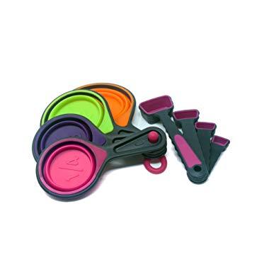 Collapsible Measuring Cups and Measuring Spoon Set - 8 Piece Food Grade Silicone Measurement Cup for Liquid & Dry Foods - Portable Baking & Cooking Tablespoon Measure Supplies Collapsable Kitchen