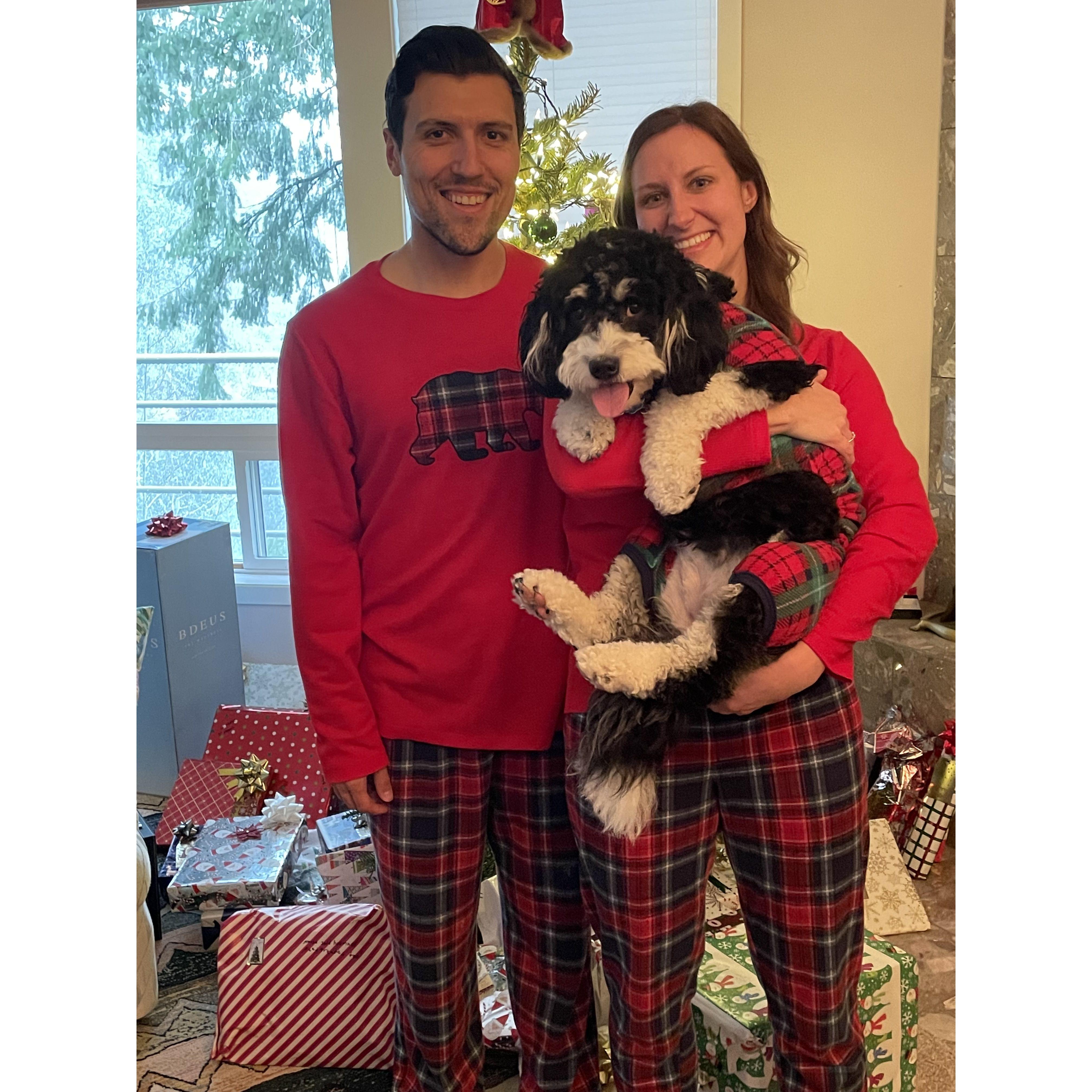 Our first matching Christmas pj set featuring a smol and fiesty Moose at Leiya's parents' place in Olympia!