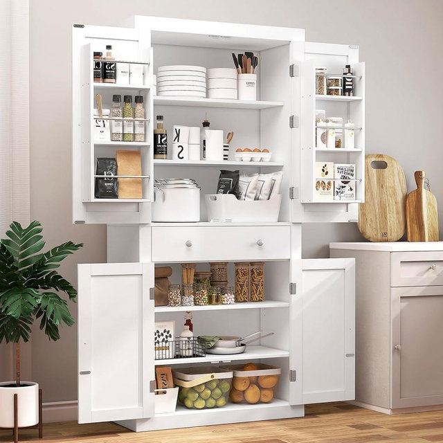 usikey 72” Kitchen Pantry Cabinet, Tall Storage Cabinet with 4 Doors and 1 Drawer, Kitchen Cabinet, Cupboard with 6 Hanging Shelves and Adjustable Shelves for Kitchen, Dining Room, Living Room, White