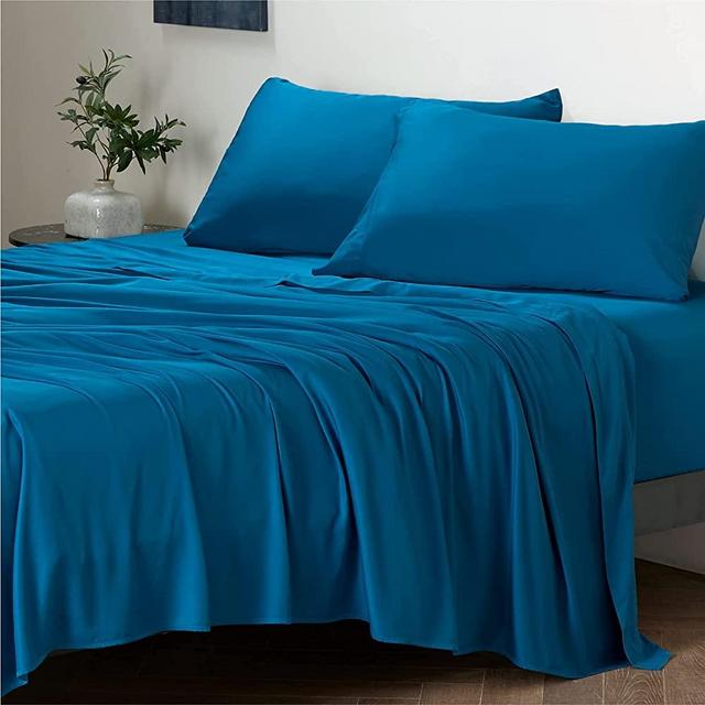 Bedsure 100% Bamboo Sheets Set King Teal - Cooling Bamboo Bed Sheets for King Size Bed with Deep Pocket 4PCs Super Soft Breathable