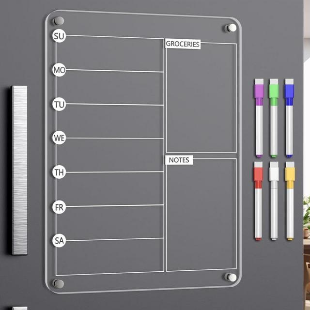 Acrylic Meal Planner Magnetic Menu Board for Kitchen Fridge, 13"x9" Clear Weekly Calendar Planning Board Noteboard Refrigerator Dry Erase Board to Do/Grocery/Shopping Lis Includes 6 Markers