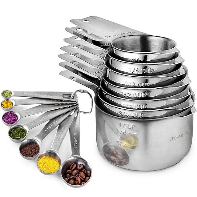 Stainless Steel Measuring Cups and Spoons Set of 17 Pieces - 7 Nesting Cups and 7 Stackable Spoons - Durable Professional Portable Kitchen Measuring Kit