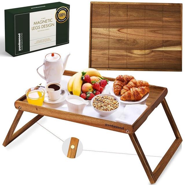 PANDAWOOD Wooden Bed Tray Table with Folding Legs - 100% Acacia Wood Breakfast Tray - Folding Bed Table Tray for Eating and Laptop - Large Bed Desk - Foldable Lap Desk for Laptop on Couch or Bed