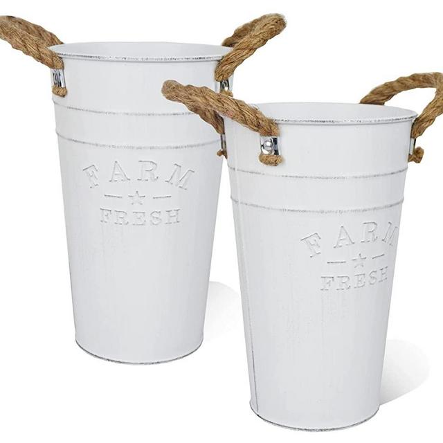 LESEN Farmhouse Metal Vase 8 Inch Flower French Galvanized Bucket Pots with Rope Handles for Fresh and Dried Flower, Rustic Home Decor, Table Centerpieces