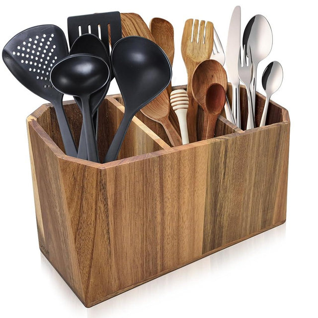 Large Kitchen Utensil Holder for Countertop – Acacia Wood Utensil Organizer with 3 Compartments, Beveled Edges Design, Non-Slip Silicone Pads & Drain Hole – Rustic Farmhouse Utensil Caddy Crock