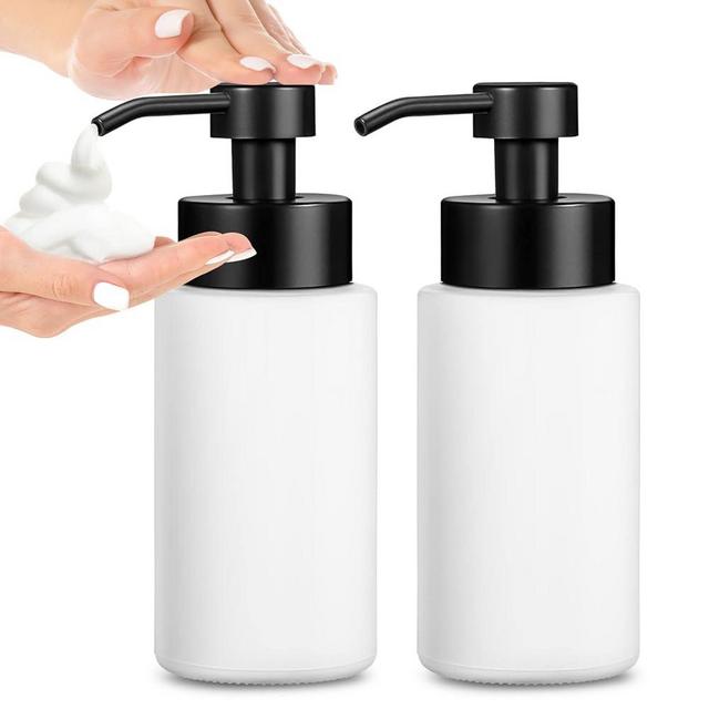 GMISUN Foaming Hand Soap Dispenser, 12 Oz Matte White Glass Foam Soap Dispenser for Bathroom & Kitchen, 2 Pack Refillable Modern Foaming Soap Dispenser, Foam Hand Pump Bottle with Waterproof Labels