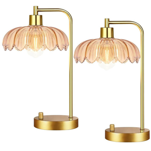 ILLMTW Glass Table Lamp Set of 2,Small Gold Bedside Lamps Dimmable Boho Bedroom Lamp with Tulip Flower Amber Lamp Shade,Vintage Mid Century Modern Mini Nightstand Lamp for Bedroom Living Room