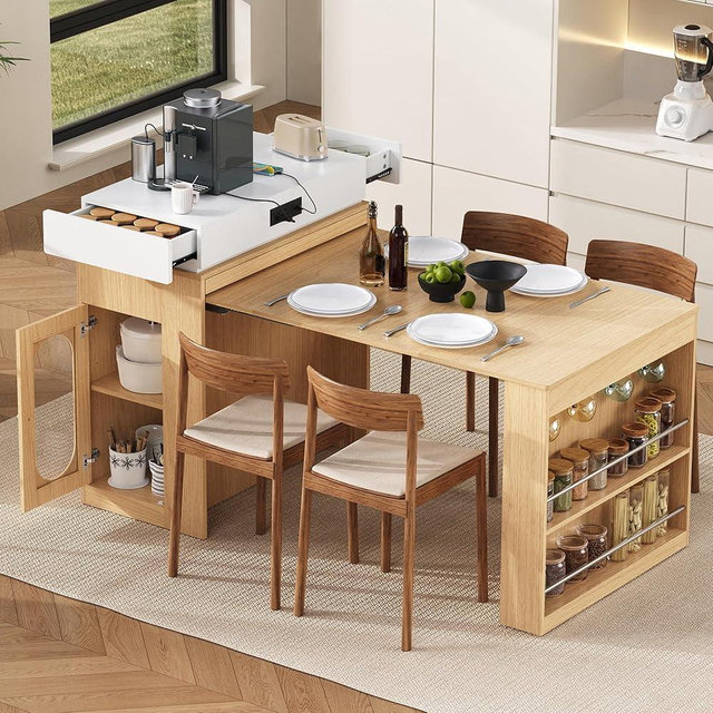 HOMBIX Extendable Dining Table with Folding Tabletop, Bar Table with Drawers and Power Outlet, Kitchen Island with Wheels and Hooks, Sideboard for Kitchen and Dining Room (Natural+Creamy White)