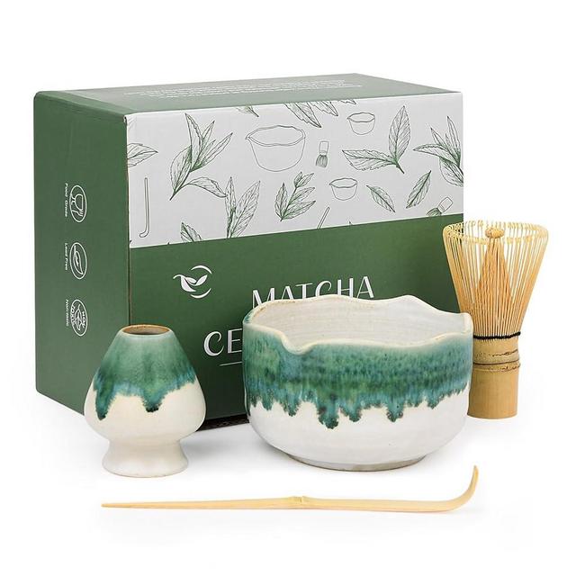 Handcrafted Matcha Set 14 OZ Matcha Bowl Bamboo Whisk Scoop and Chasen Holder 4 pcs Matcha Bowl with Spout Matcha Tea Ceremony for Matcha Lovers (Snowy Jade)