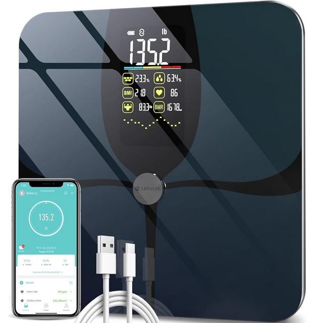 Body Fat Scale, Lepulse Large Display Scale for Body Weight, High Accurate Digital Bathroom Scale, Rechargeable BMI Smart Weight Scale with Body Fat Muscle Heart Rate, 15 Body Compositions with Trend