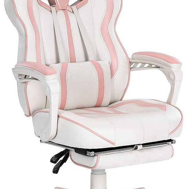 Vonesse Gaming Chair for Girls, Pink Computer Gaming Chairs for Adults, Reclining Gamer Chair with Footrest with Massage, Ergonomic Home Office Chair High Back (White/Pink)