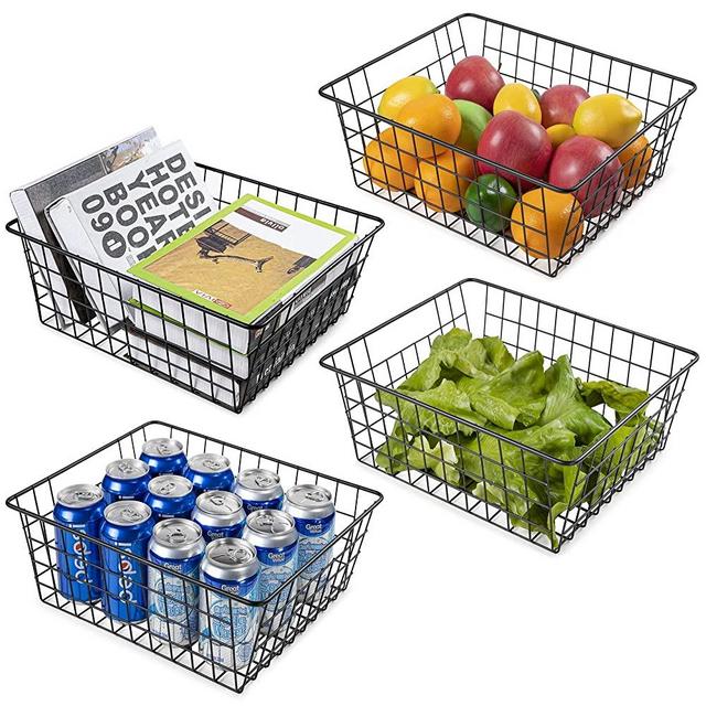 Wire Storage Baskets for Organizing, Vtopmart 4 Pack Metal Wire Freezer Organizer Bins with Handles, Large Pantry Baskets for Kitchen Cabinets, Bathroom, Laundry, Garage, Black