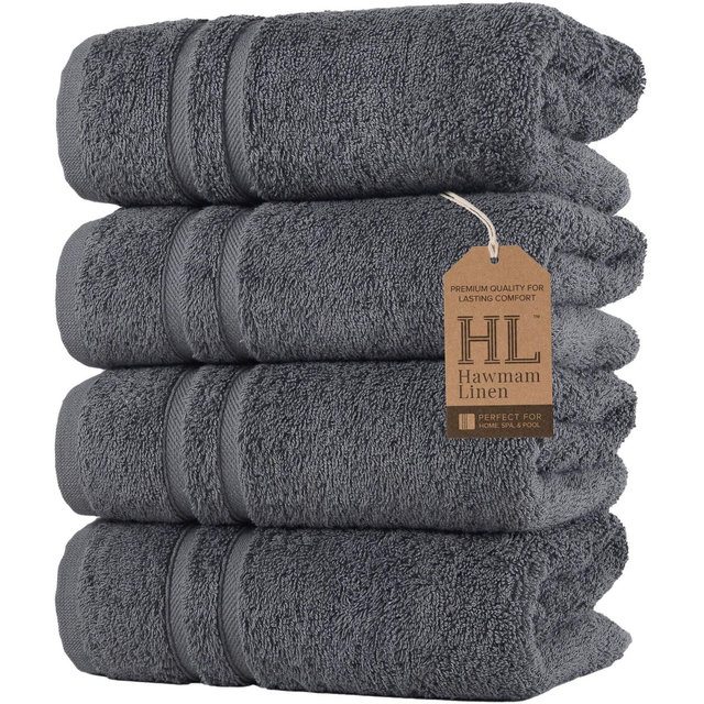 Hawmam Linen Grey Hand Towels 4 Pack Turkish Cotton Premium Quality Soft and Absorbent Small Towels for Bathroom