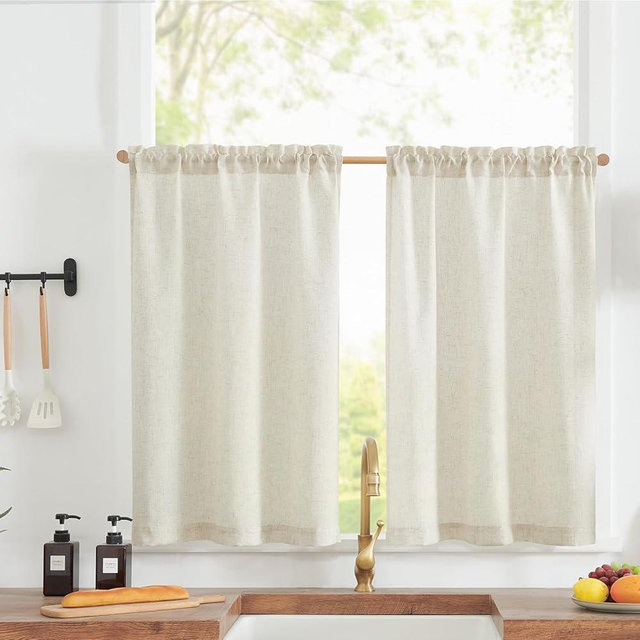 jinchan Linen Textured Tier Curtains 36 Inch for Kitchen Windows Farmhouse Cafe Curtains Small Drapes Rustic Light Filtering Half Window for Living Room Laundry Rod Pocket 2 Panels Natural Crude