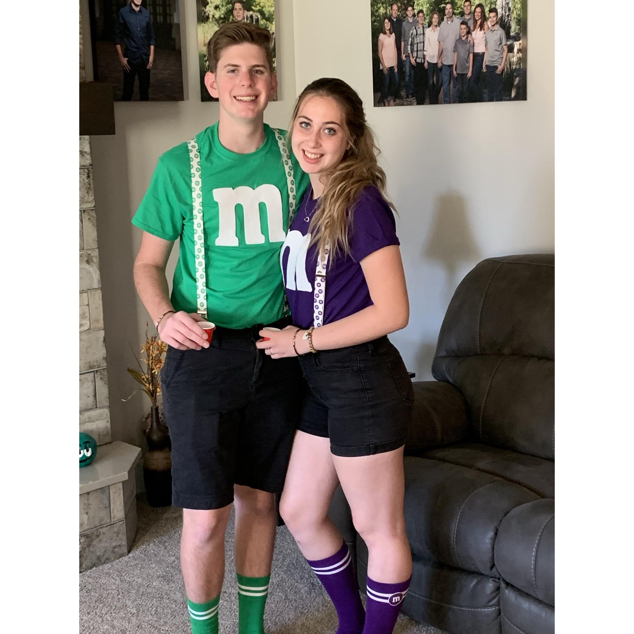 This was our first time dressing up together for Halloween to hand out candy! We love our M&M costumes