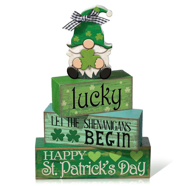 Moucuny 4 Pcs St. Patrick's Day Table Decoration Irish Tiered Tray Decor Wooden Gnome Shamrocks Block Signs Happy St. Patrick's Day Centerpiece for Tables Irish Wooden Sign for Home Decor