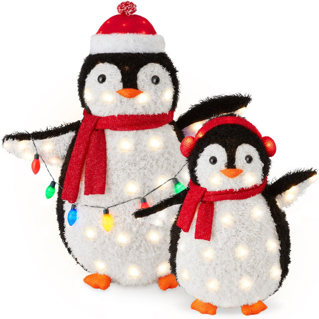 Best Choice Products 2-Piece Lighted 3ft Pop-Up Penguin Family Outdoor Christmas Decoration w/ 150 LED Lights - Red