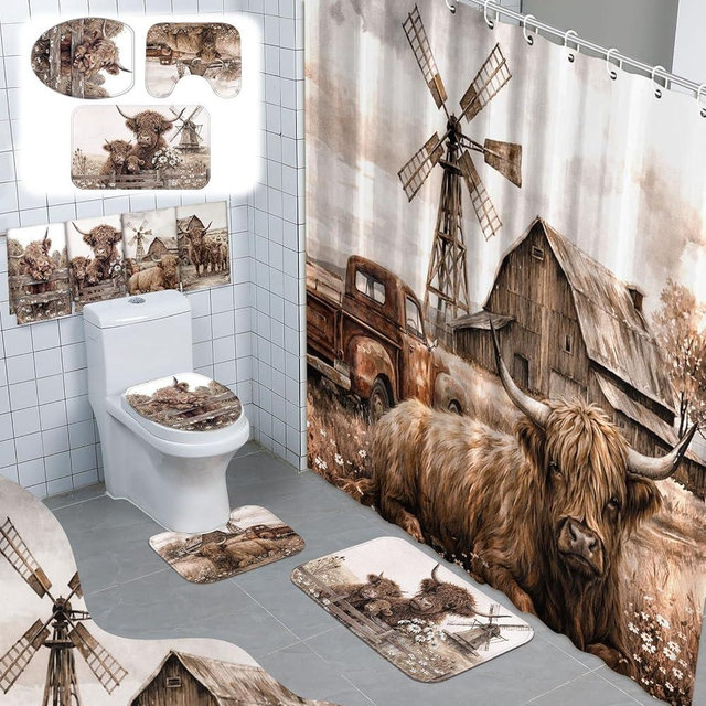 FuWeave 8 Pcs Highland Cow Shower Curtain Sets for Bathroom Farm Daisy Cattle Shower Curtain Sets Rustic Farmhouse Bathroom Accessories with Towels Carpet Bath Mat Toilet Rugs and 12 Hooks