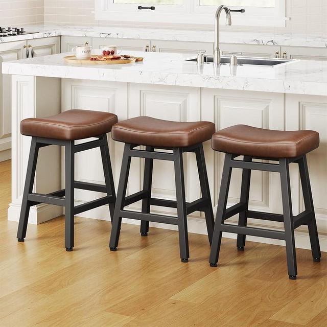 Raynesys Counter Height Bar Stools Set of 3, 24 Inch Barstools for Kitchen Counter, Kitchen Stools with Bonded Leather Saddle Seats & Heavy Duty Metal Legs, Easy Assembly, Brown/Black
