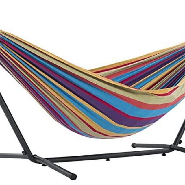 Vivere Double Cotton Hammock with Space Saving Steel Stand, Tropical (450 lb Capacity - Premium Carry Bag Included)
