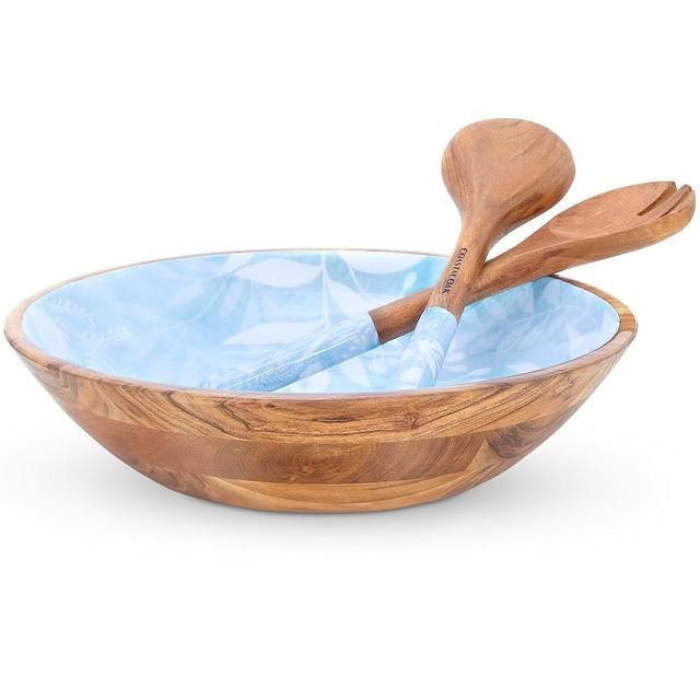 Coastal Oak Large Wooden Salad Bowl Set - Premium 13-inch Acacia Wood Salad Bowl with Servers - Decorative Wooden Bowl with Fork and Spoon - Fruit Bowl - Serving Bowls for Entertaining (Azure Garden)