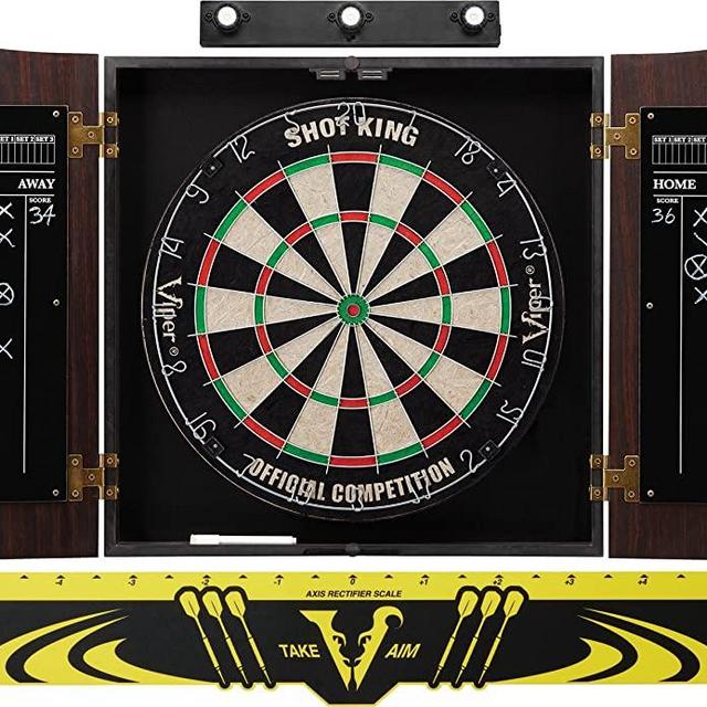 Viper Vault Cabinet & Shot King Sisal/Bristle Dartboard Ready-to-Play Bundle with Two Sets of Steel-Tip Darts, Throw Line, and Dry Erase Scoreboards, Walnut Finish