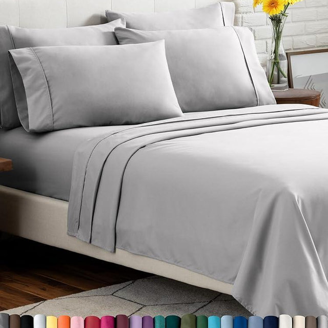Bare Home Hotel Luxury Full XL Sheet Set, Extra Soft - 6 Piece Set - Deep Pockets - Easy Fit - Cooling & Breathable - Wrinkle, Fade, Stain Resistant - Includes 4 Pillowcases (Full XL, Light Grey)