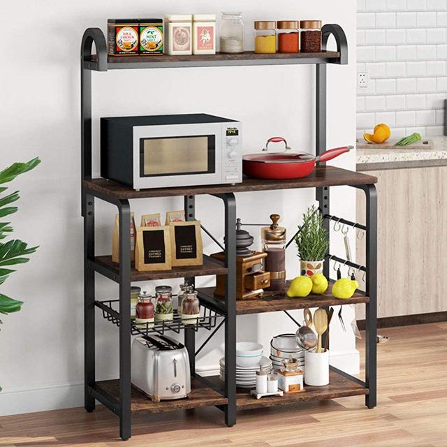 Tribesigns 35.5 inches Kitchen Baker’s Rack Microwave Oven Stand, Industrial Kitchen Cart Utility Storage Shelf Organizer Coffee Bar with Wire Basket and 6 Hooks (Rustic Brown)