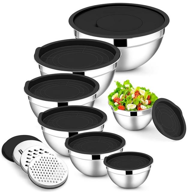 E-far Mixing Bowls with Lids Set, 7-Piece Stainless Steel Mixing Bowls with 3 Grater Attachments, Size 4.6, 3.5, 2.6, 2, 1.5, 1, 0.7QT, Metal Nesting Bowls & Black Airtight Lids, For Baking/Cooking