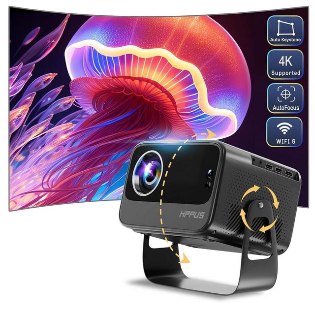 [Auto Focus/Keystone]HIPPUS Projector with WiFi 6 and Bluetooth, Projector 4K Supported 1080P Native 500 ANSI, Object Avoidance, and Screen Adaption, Projector Compatible with iOS/Android（Grey）
