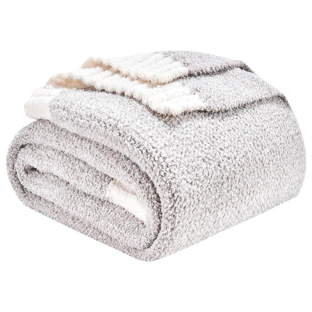 CozeCube Super Soft Fullfy Microfiber Reversible Knitted Blankets, Warm Cozy Fuzzy Plush Throw, Grey and White Melange Throw Blanket for Couch Bed Sofa, 50" x 60"