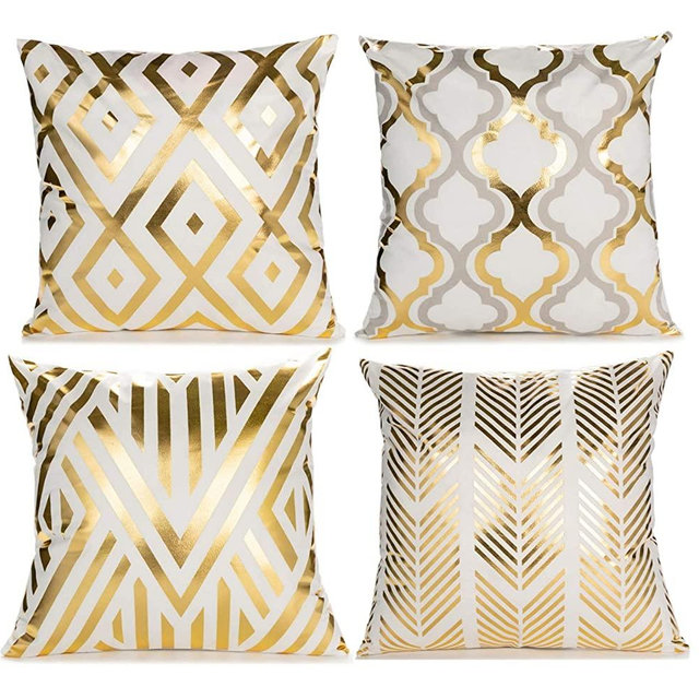 ZLINA Home Decorative Set of 4 Throw Pillow Covers Gold Foil Pillow Covers 18 ×18 Inch Geometric Square Cushion Covers Decor Couch Sofa Bedroom（White and Gold ）