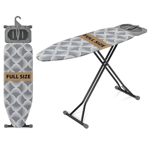 KINGBOARD Ironing Board, Metal Panel Iron Board Full Size with Iron Rest, Compact Ironing Board with 7 Height Adjustable, Heavy Duty Folding Iron Stand with Hanger, 15x45 Grey