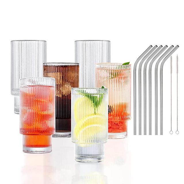 Ribbed Glassware Vintage Drinking Glasses - 11 oz Vintage Glassware Stackable Highball Origami Style Glass Cup Fluted Vertical Stripes Tumblers Juice Coffee Wine Beer Drinking Cups with Straw 6 Set