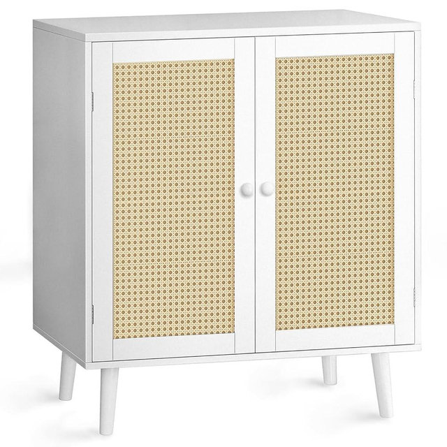 Huuger Buffet Cabinet with Storage, Storage Cabinet with PE Rattan Decor Doors, Accent Cabinet with Solid Wood Feet, Sideboard Cabinet for Hallway, Entry, Living Room, White