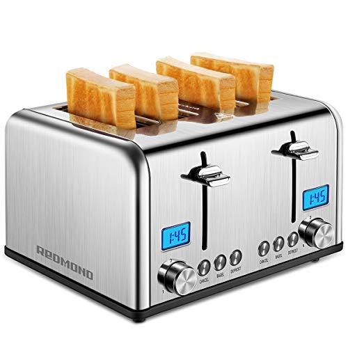 REDMOND 4 Slice Toaster, Countdown Stainless Steel Toaster with Bagel, Defrost, Cancel Function, Extra Wide Slots, 6 Bread Shade Settings, 1650W, ST030