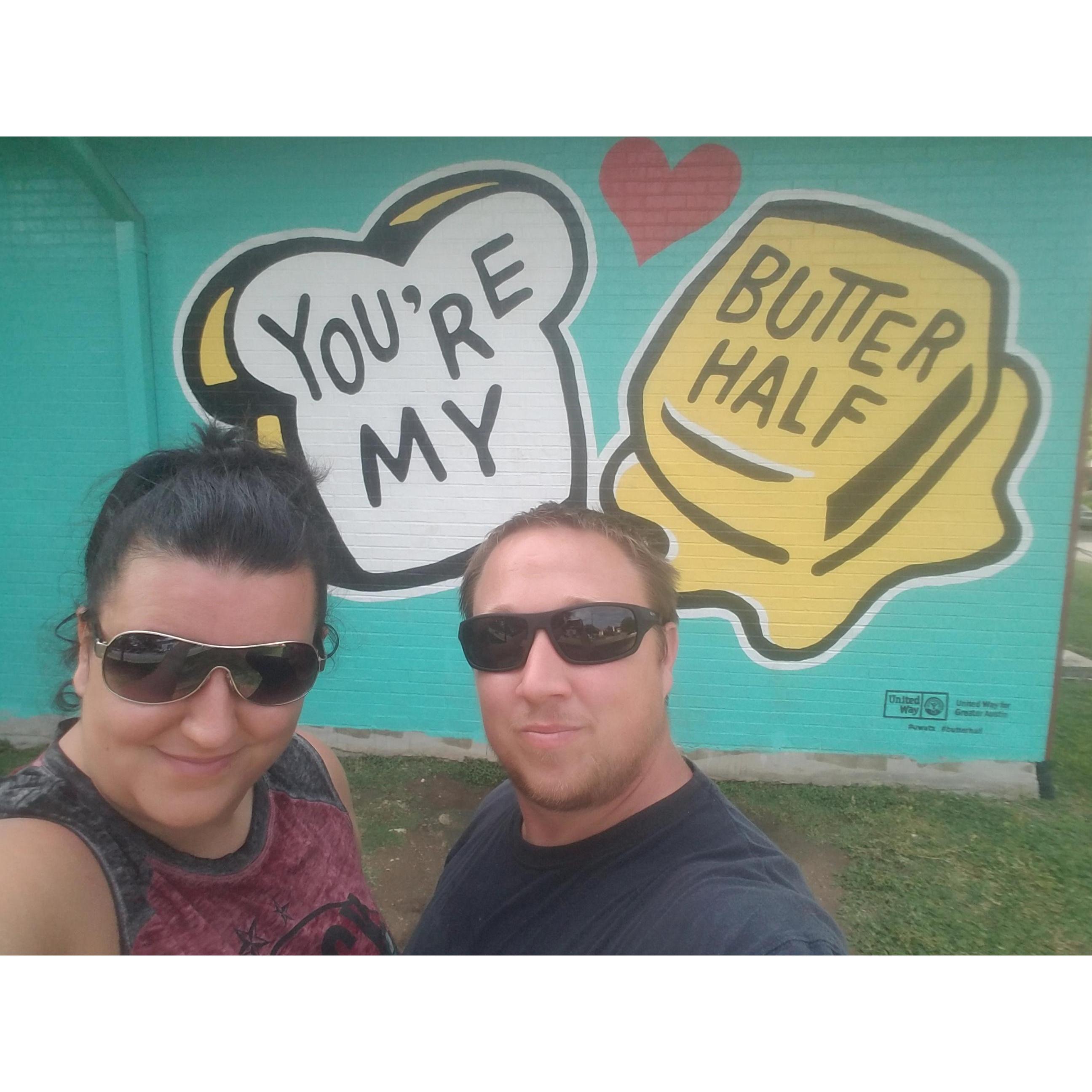 Best Mural in Austin to take a photo of the two of us. Because we are literally each other's Butter Halves :D Little did Jenn know a few days later she would be engaged to her butter half :D