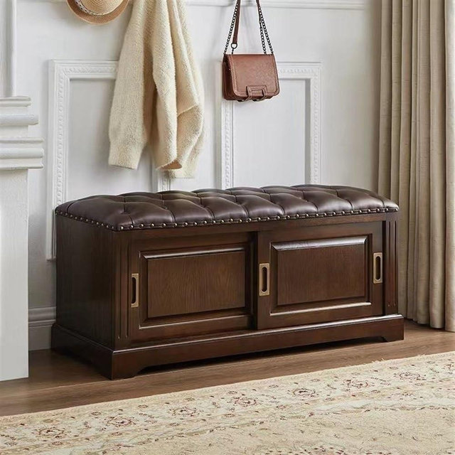 SUNHIPPIE Solid Wood Shoe Changing Bench, Walnut Shoe Cabinet with Storage, Shoe Rack with Leather Padded, Shoe Bench with Slide Door, Shoe Storage for Front Door Entryway(90cm(35.5in))