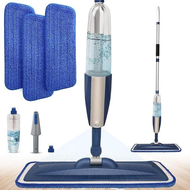 Mops for Floor Cleaning Wet Spray Mop with Refillable Spray Bottle and 3 Washable Microfiber Pads Home or Commercial Use Dry Wet Flat Mop for Hardwood Laminate Wood Ceramic, Blue