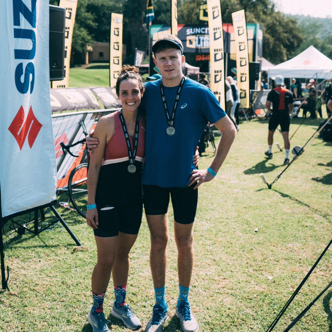 Our first triathlon together- three months after Jürgen broke his foot during action netball