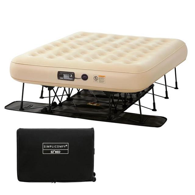 Simpli Comfy Queen EZ Bed Self-Inflating Air Mattress with Built-in Frame, Pump and Wheeled Case, Blow Up Inflatable Rolling Air Bed on Wheels